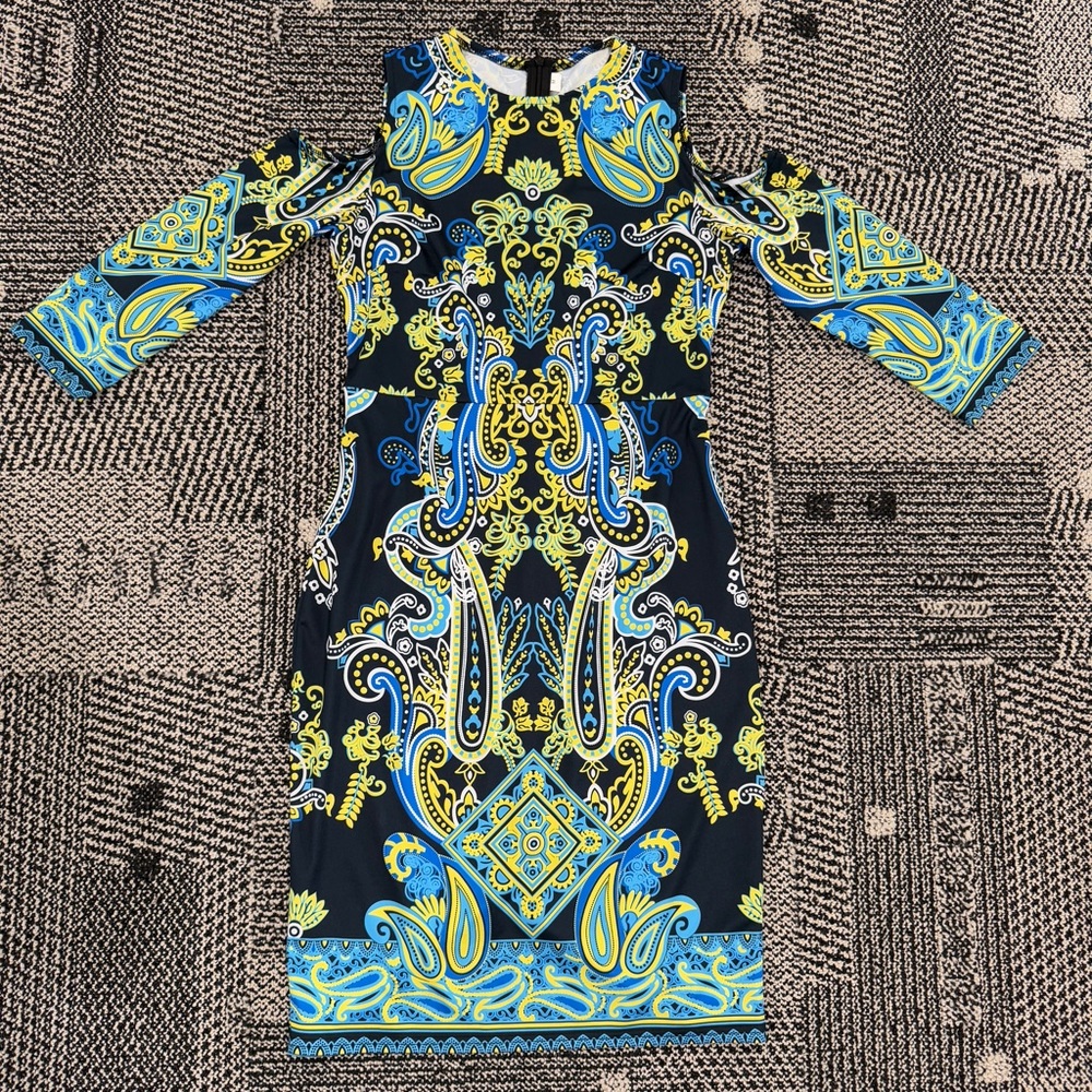 Elegant Paisley Print Dress - Blue and Yellow